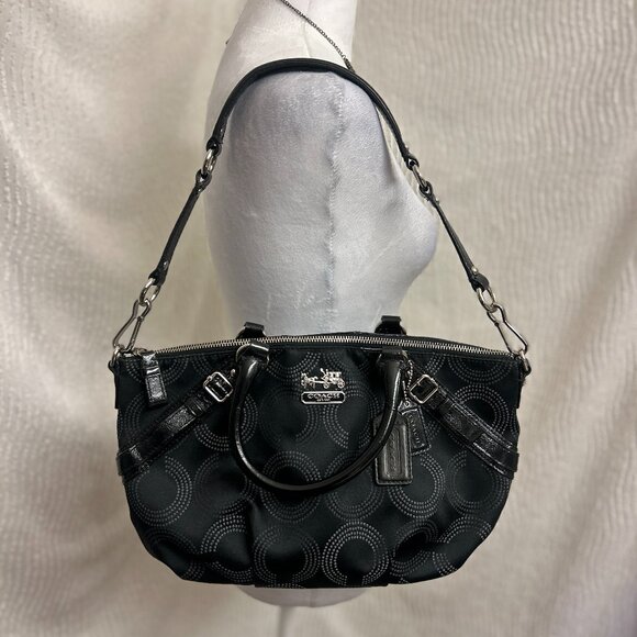 Coach Madison Op Art Dot Sophia Satchel Black Silver Hardware Convertible Bag - Picture 1 of 16